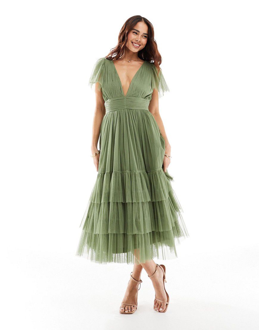 Madison - Vestito da damigella midi in tulle oliva tenue con scollo a V - Lace & Beads - Modalova