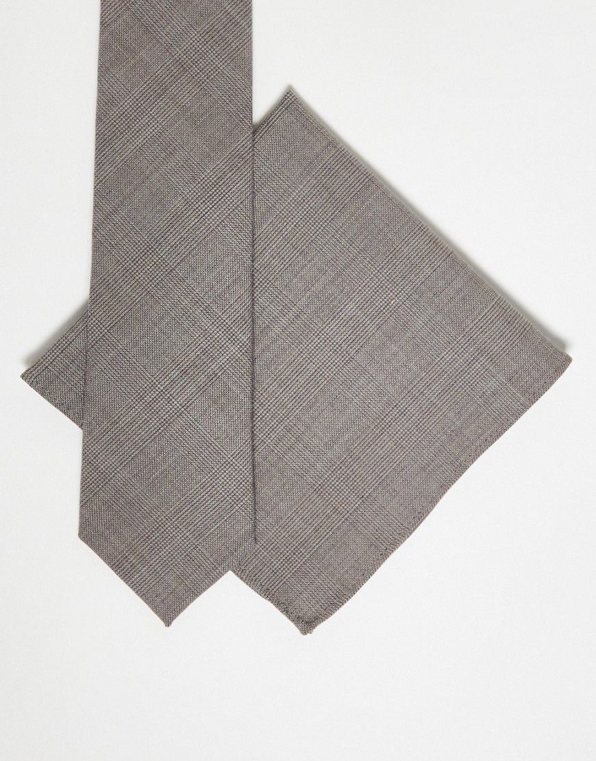 Cravatta sottile e fazzoletto da taschino marroni con motivo pied de poule - Noak - Modalova