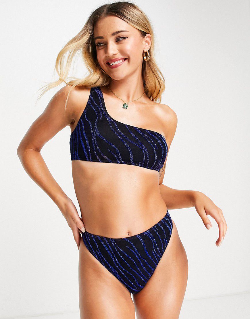 Top bikini monospalla nero/ zebrato con paillettes - South Beach - Modalova