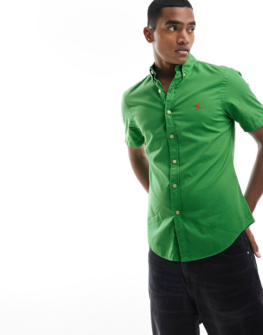 Camicia slim fit a maniche corte in twill color medio con logo - Polo Ralph Lauren - Modalova
