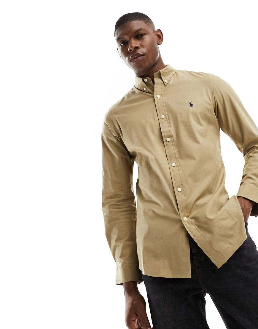 Icon - Camicia slim fit elasticizzata in popeline color cuoio con logo - Polo Ralph Lauren - Modalova