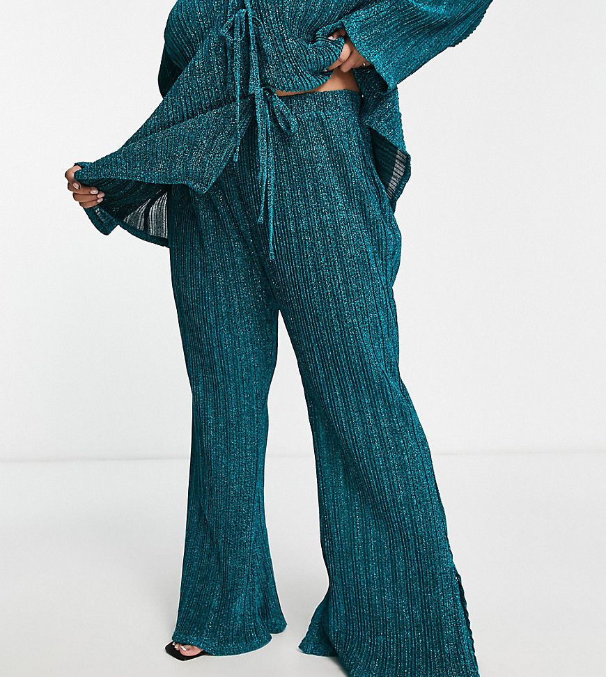 Pantaloni plissé a zampa verde azzurro glitterato in coordinato - QED London Plus - Modalova