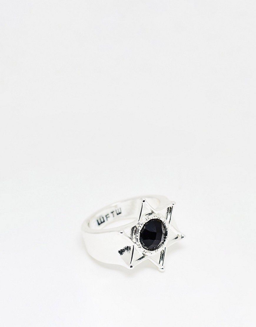 Anello con sigillo argentato con pietra nera e design a forma di stella da sceriffo - WFTW - Modalova