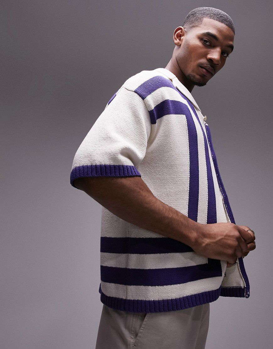 Camicia in maglia all'uncinetto bianca con bottoni e righe verticali - Topman - Modalova