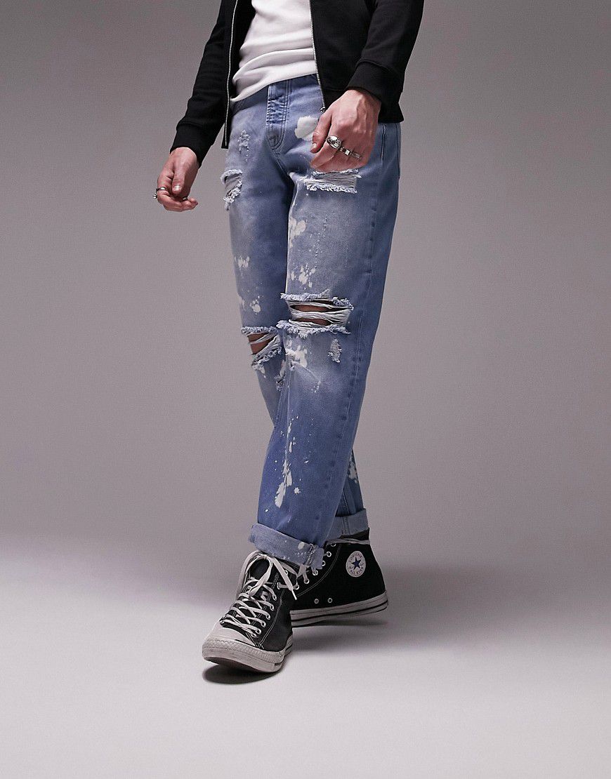 Jeans comodi lavaggio medio candeggiato con strappi - Topman - Modalova