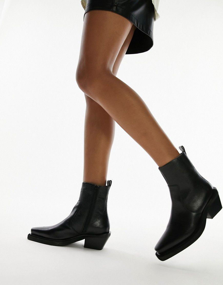 Lara - Stivaletti alla caviglia stile western in pelle nera effetto lucertola - Topshop - Modalova
