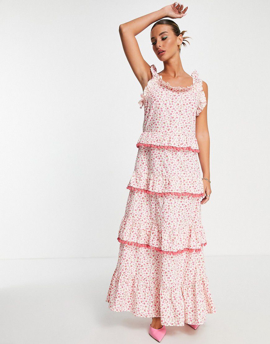 Vestito lungo a balze con pompon rosa a fiori - Y.A.S - Modalova