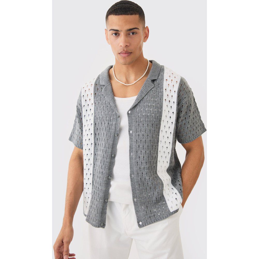 Oversized Boxy Open Stitch Stripe Knit Shirt In Charcoal - boohoo - Modalova