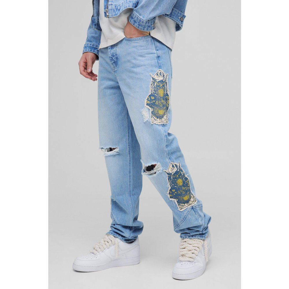 Jeans Slim Fit Con Strappi & Rattoppi All Over E Cuciture A Contrasto - boohoo - Modalova