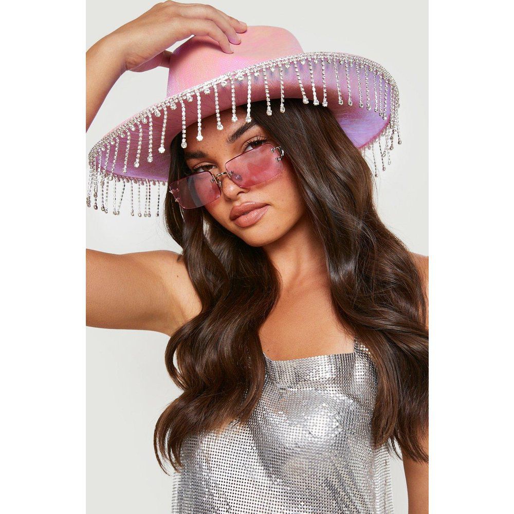 Cappello da cowgirl rosa a tesa larga con nappe di strass - boohoo - Modalova